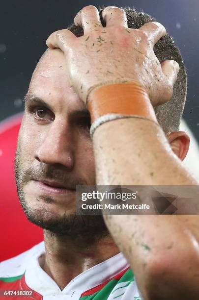 Robbie Farah of the Rabbitohs walks from the field after defeat in the round one NRL match between the South Sydney Rabbitohs and the Wests Tigers at...