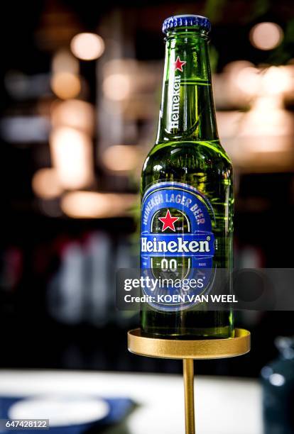 Bottle of Dutch brewing giant Heineken's first alcohol-free beer, called Heineken 0.0, is pictured on March 3, 2017 i Amsterdam. / Netherlands OUT