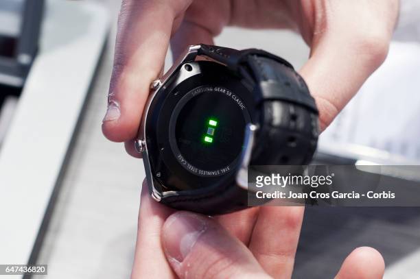The Samsung Gear S3 Classic smartwatch pulsometer light,, during the Mobile World Congress, on March 2, 2017 in Barcelona, Spain.