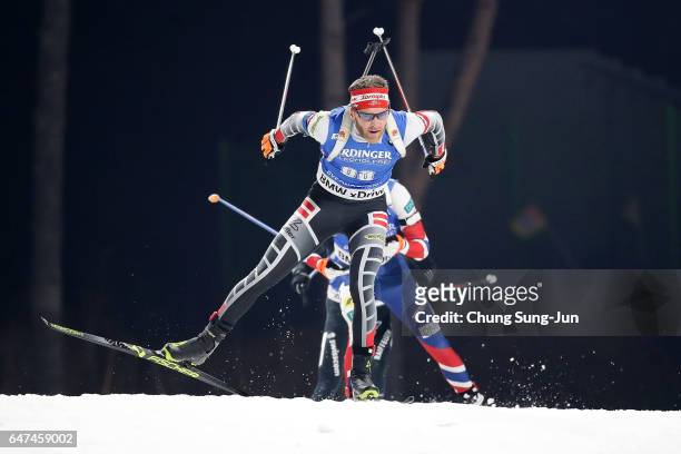 Simon Eder of Austria competes in the Men 10km Sprint during the BMW IBU World Cup Biathlon 2017 - test event for PyeongChang 2018 Winter Olympic...