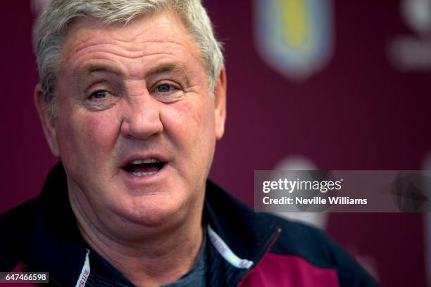 Steve Bruce, manager of Aston Villa talks to the press during a press conference at the club's training ground at Bodymoor Heath on March 03, 2017 in...