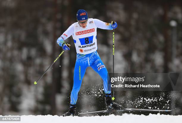 Matti Heikkinen of Finland competes in the Men's 4x10km Cross Country Relay during the FIS Nordic World Ski Championships on March 3, 2017 in Lahti,...