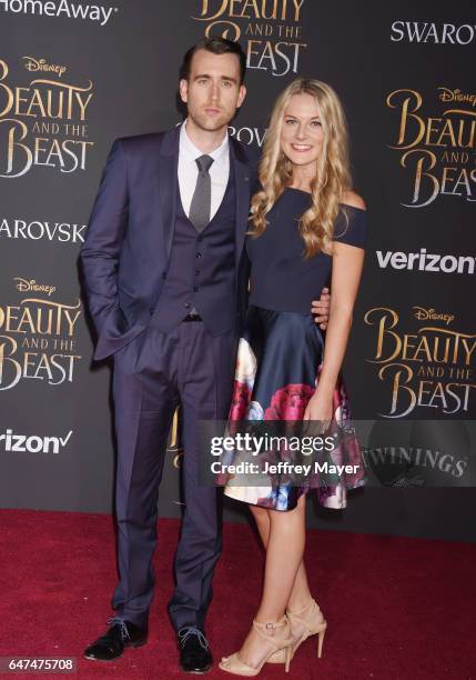 Actor Matthew Lewis and Angela Jones arrive at the Premiere Of Disney's 'Beauty And The Beast' at the El Capitan Theatre on March 2, 2017 in Los...