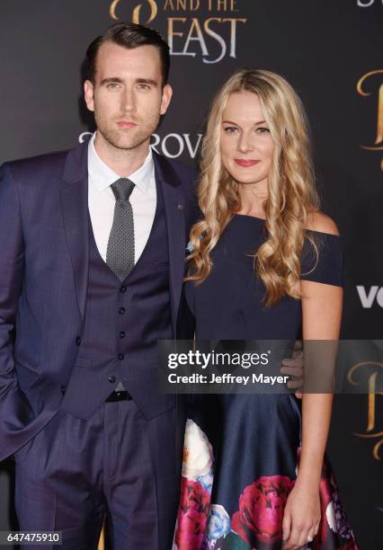 Actor Matthew Lewis and Angela Jones arrive at the Premiere Of Disney's 'Beauty And The Beast' at the El Capitan Theatre on March 2, 2017 in Los...