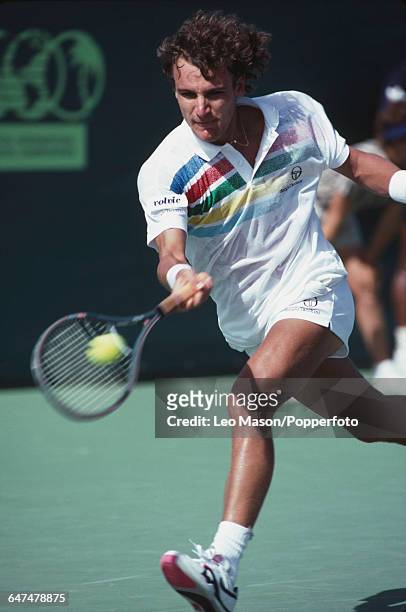 Swedish tennis player Mats Wilander pictured in action competing to reach the third round of the Men's Singles tournament at the 1989 Lipton...