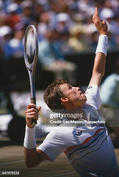 Czechoslovak tennis player Ivan Lendl pictured in action competing to progress to the final of the Men's Singles tournament at the Wimbledon Lawn...