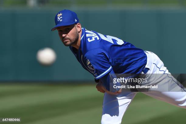 Jonathan Sanchez of the Kansas City Royals pitches against the Chicago Cubs during the spring training game at Surprise Stadium on March 1, 2017 in...