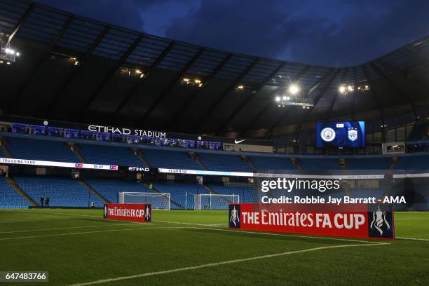 Etihad Stadium, home stadium of Manchester City with The Emirates FA Cup branding during The Emirates FA Cup Fifth Round Replay between Manchester...