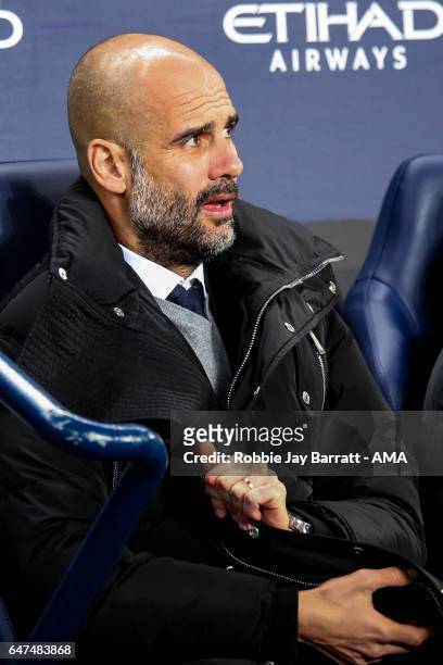 Josep Guardiola manager / head coach of Manchester City during The Emirates FA Cup Fifth Round Replay between Manchester City and Huddersfield Town...
