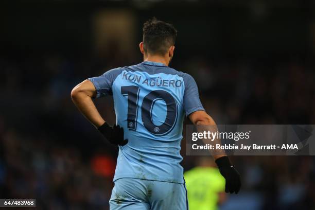 Sergio Aguero of Manchester City during The Emirates FA Cup Fifth Round Replay between Manchester City and Huddersfield Town at the Etihad Stadium on...