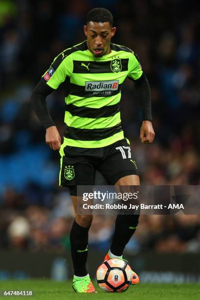 Rajiv Van La Parra of Huddersfield Town during The Emirates FA Cup Fifth Round Replay between Manchester City and Huddersfield Town at the Etihad...