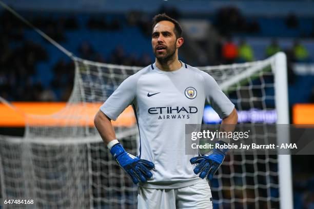 Claudio Bravo of Manchester City during The Emirates FA Cup Fifth Round Replay between Manchester City and Huddersfield Town at the Etihad Stadium on...