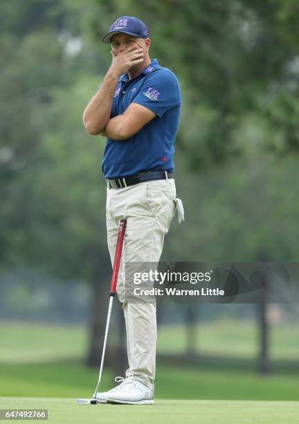 Graeme Storm of England reacts on the sixth green during the second round of the Tshwane Open at Pretoria Country Club on March 3, 2017 in Pretoria,...