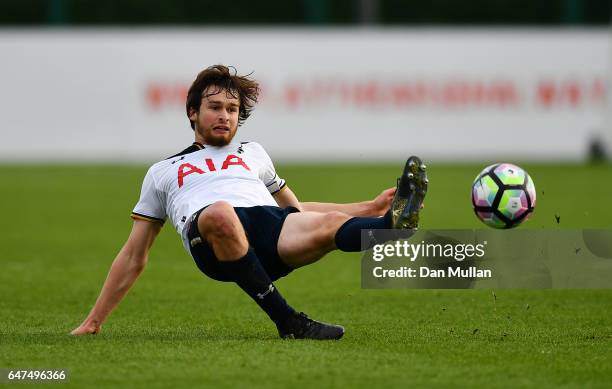 Filip Lesniak of Tottenham Hotspur stretches for the ball during the Premier League 2 match between Arsenal and Tottenham Hotspur at London Colney on...