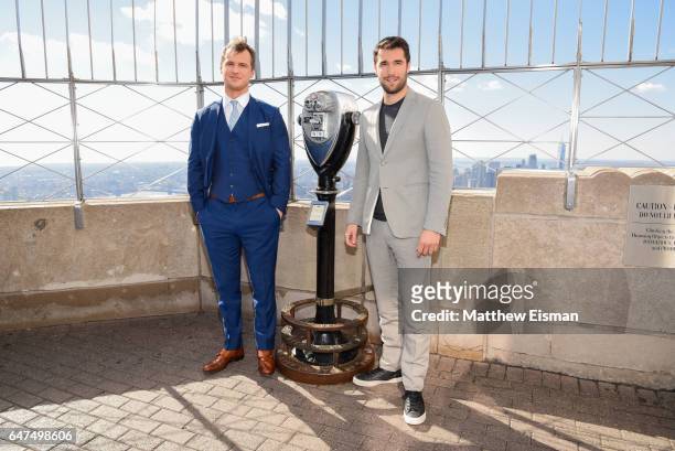 Actors Freddie Stroma and Josh Bowman of ABC's "Time After Time" visit The Empire State Building on March 3, 2017 in New York City.