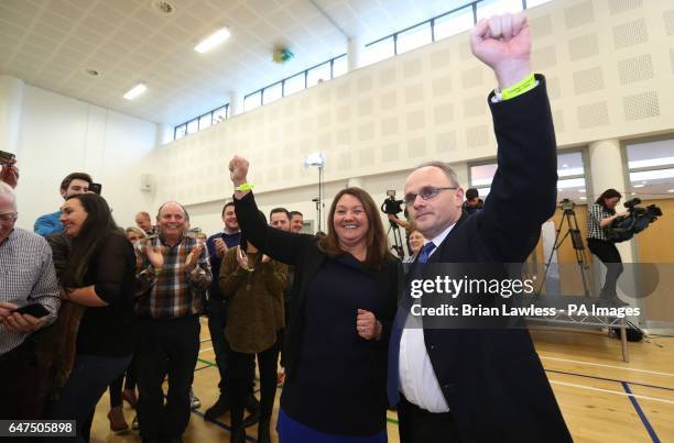 Sinn Fein candidates for West Tyrone Barry McElduff and Michaela Boyle celebrate having been deemed elected at the Omagh count centre as counting in...