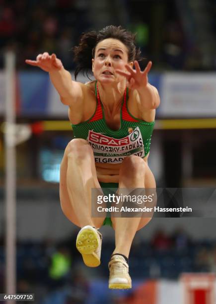 Gyorgyi Zsivoczky-Farkas of Hungary competes in the Women's Pentathlon Long Jump on day one of the 2017 European Athletics Indoor Championships at...