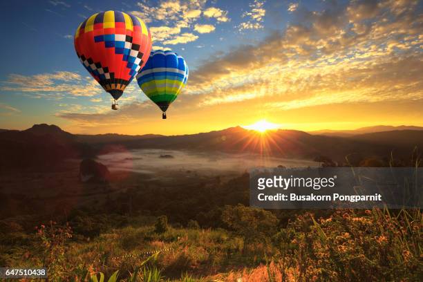 colorful hot air balloon is flying at sunrise - hot air balloon ride stock pictures, royalty-free photos & images