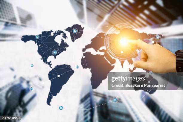 close up of businessman touching with finger network concept on screen - virtual press conference stock pictures, royalty-free photos & images