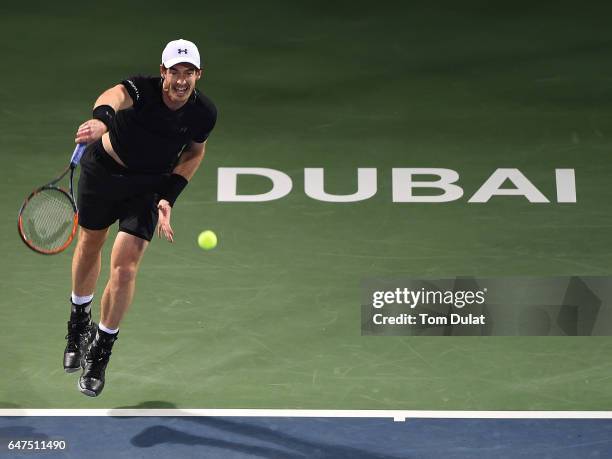 Andy Murray of Great Britain serves during his semi final match against Lucas Pouille of France on day six of the ATP Dubai Duty Free Tennis...