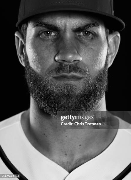 Bryce Harper of the Washington Nationals poses for a portrait during Washington Nationals Photo Day at The Ballpark of the Palm Beaches on February...