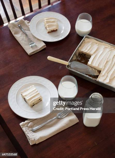 Christine Burns Rudalevige's banana chocolate chunk cake with peanut butter, butter cream recipe, made on Tuesday, February 21, 2017.