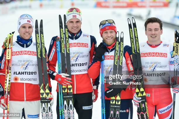 Team Norway Didrik Toenseth, Niklas Dyrhaug, Martin Johnsrud Sundby, Finn Haagen Krogh win Men cross-country 4 x 10.0km Relay Classic/Free final, at...