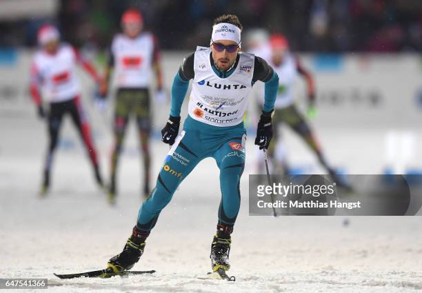 Francois Braud of France competes in the Men's Nordic Combined HS130 Ski Jumping / 2 x 7.5km Team Sprint Cross Country during the FIS Nordic World...