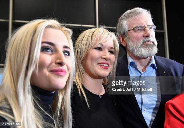 Michelle O'Neill leader of Sinn Fein in Northern Ireland is greeted by Sinn Fein president Gerry Adams and Orlaithi Flynn as she arrived at the count...