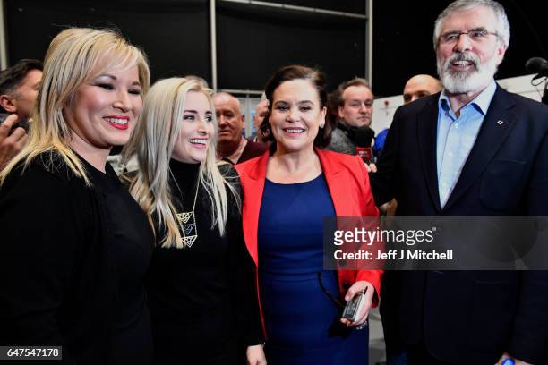 Michelle O'Neill leader of Sinn Fein in Northern Ireland is greeted by Sinn Fein president Gerry Adams, Mary Lou McDonald and Orlaithi Flynn as she...