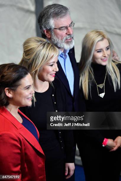 Michelle O'Neill leader of Sinn Fein in Northern Ireland is greeted by Sinn Fein president Gerry Adams, Mary Lou McDonald and Orlaithi Flynn as she...