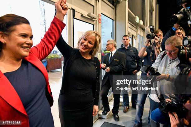 Michelle O'Neill leader of Sinn Fein in Northern Ireland is greeted by Mary Lou McDonald as she arrived at the count for the Northern Ireland...