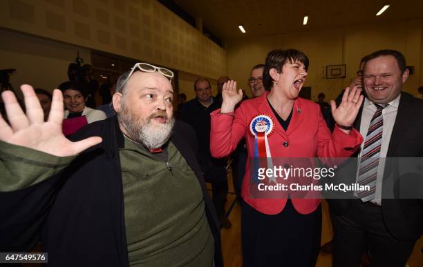 Democratic Unionist party leader and former First Minister Arlene Foster celebrates after being elected as the Northern Ireland Stormont election...