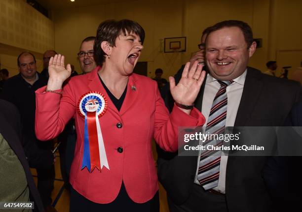 Democratic Unionist party leader and former First Minister Arlene Foster celebrates after being elected as the Northern Ireland Stormont election...