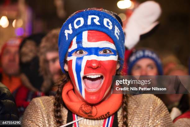 Norwegian fans on medal plaza during the medal ceremony following the men's cross country relay during the FIS Nordic World Ski Championships on...