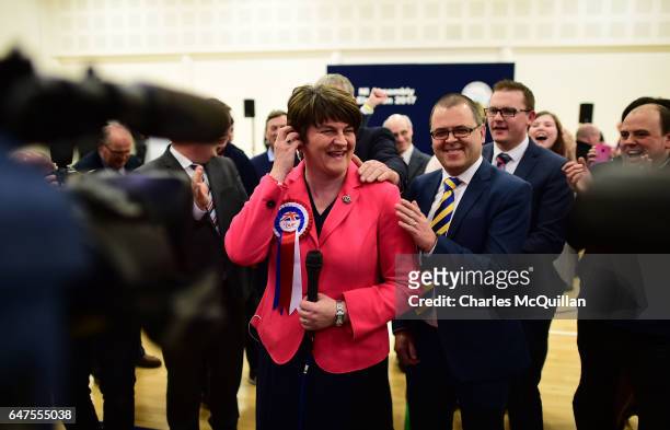 Democratic Unionist party leader and former First Minister Arlene Foster celebrates after being elected on live television as the Northern Ireland...