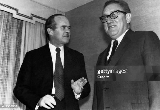 Secretary of State Henry Kissinger meets French Foreign Affairs minister Jean Sauvagnargues on December 12, 1974 in Brussels before the...