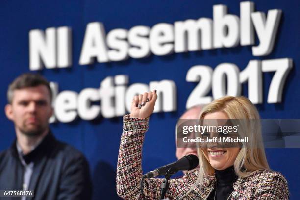 Sinn Fein's Orlaithi Flynn makes a statement after being elected in West Belfast at the count for the Northern Ireland assembly election on March 3,...