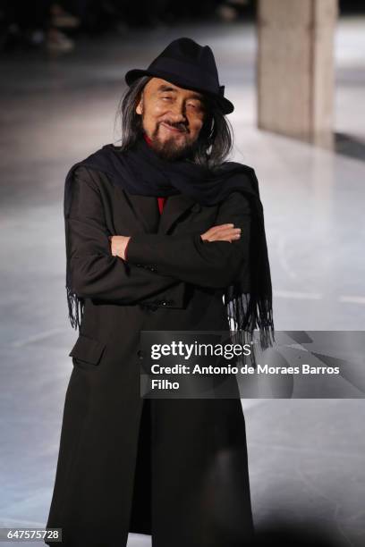 Yohji Yamamoto walks the runway during the Yohji Yamamoto show as part of the Paris Fashion Week Womenswear Fall/Winter 2017/2018 on March 3, 2017 in...