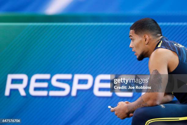 Running back James Conner of Pittsburgh looks on during day three of the NFL Combine at Lucas Oil Stadium on March 3, 2017 in Indianapolis, Indiana.