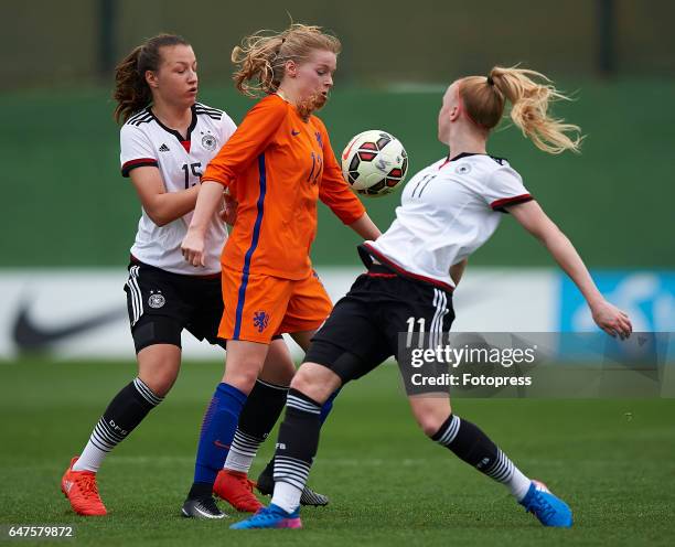 Tanja Pawollek and Anna Gerhardt of Germany competes for the ball with Nadine Noordam of Netherlands during the international friendly match between...