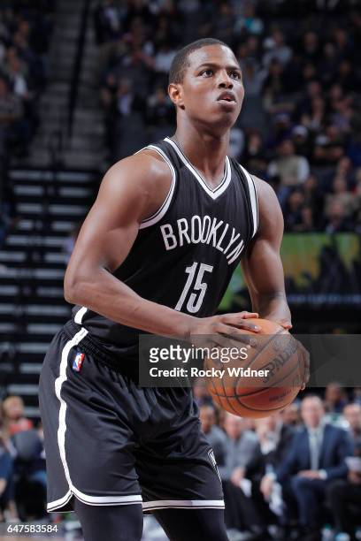 Isaiah Whitehead of the Brooklyn Nets attempts a free-throw shot against the Sacramento Kings on March 1, 2017 at Golden 1 Center in Sacramento,...