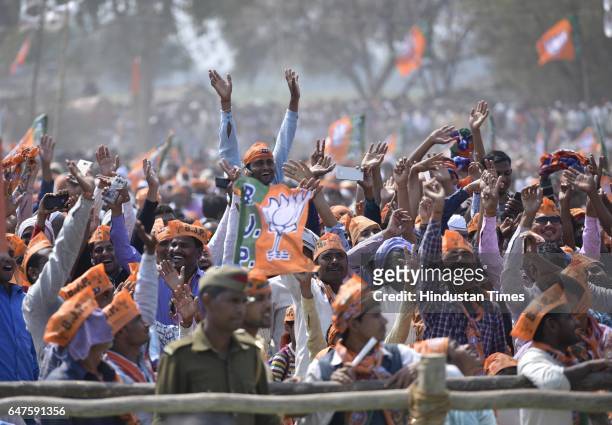Supporters attend the rally of Prime Minister Narendra Modi on March 3, 2017 in Mirzapur, India. A record-breaking crowd poured in to hear Prime...