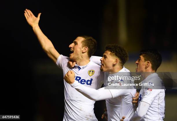 Chris Wood of Leeds United celebrates scoring his second goal with Kalvin Phillips during the Sky Bet Championship match between Birmingham City and...