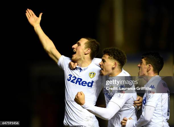 Chris Wood of Leeds United celebrates scoring his second goal with Kalvin Phillips during the Sky Bet Championship match between Birmingham City and...