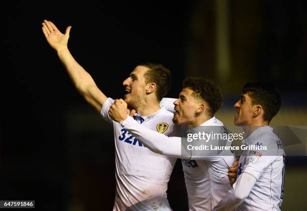 Chris Wood of Leeds United celebrates scoring his second goal with Kalvin Phillips during the Sky Bet Championship match between Birmingham City and...