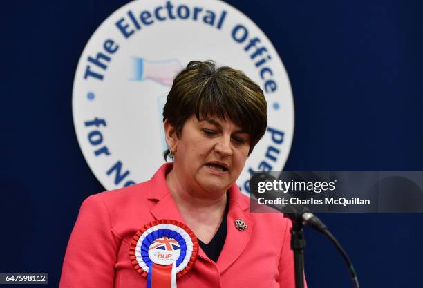 Democratic Unionist party leader and former First Minister Arlene Foster makes her acceptance speech as the Northern Ireland Stormont election count...