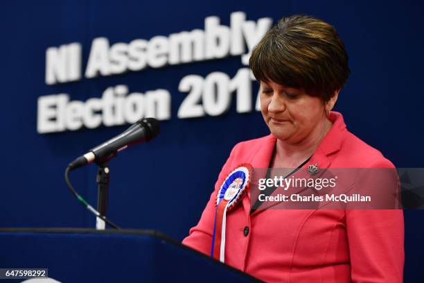 Democratic Unionist party leader and former First Minister Arlene Foster makes her acceptance speech as the Northern Ireland Stormont election count...