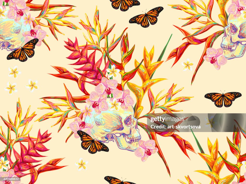 Patrón Tropical Verano Inconsútil Con Calaveras Mariposas Y Exóticas Flores Fondo Hermoso Ideal Para Fondos De Pantalla Rellenos De Patrón Fondos De Página Web Texturas Superficiales Textil Ilustración de stock - Getty Patrón Tropical Verano Inconsútil Con Calaveras Mariposas Y Exóticas Flores Fondo Hermoso Ideal Para Fondos De Pantalla Rellenos De Patrón Fondos De Página Web Texturas Superficiales Textil Ilustración de stock - Getty