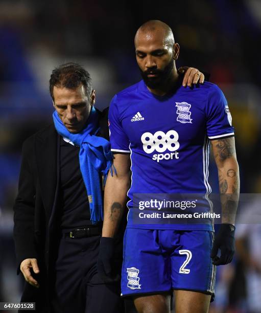 Gianfranco Zola of Birmingham City consoles Emilio Nsue after defeat in the Sky Bet Championship match between Birmingham City and Leeds United at St...